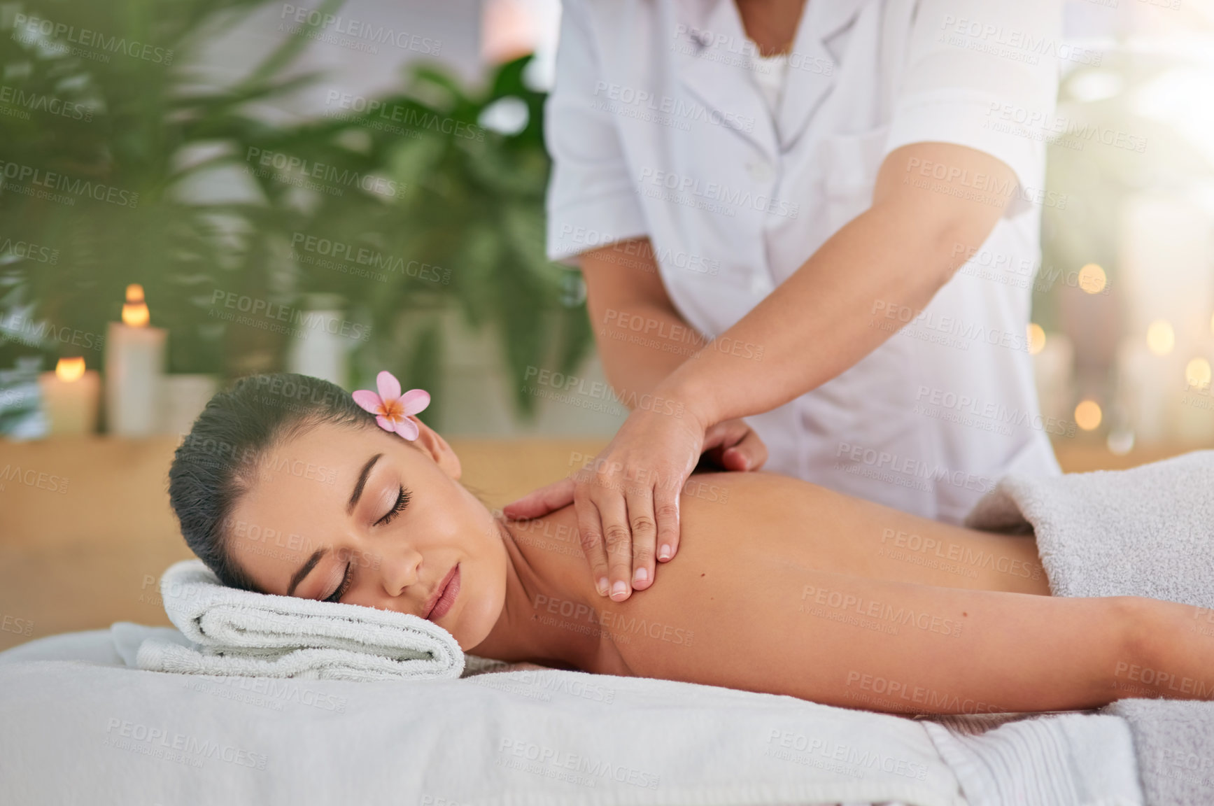 Buy stock photo Face, hands for massage and woman in spa with therapist to relax for health, peace or wellness. Beauty, calm or stress relief with client and masseuse in clinic or salon for natural treatment