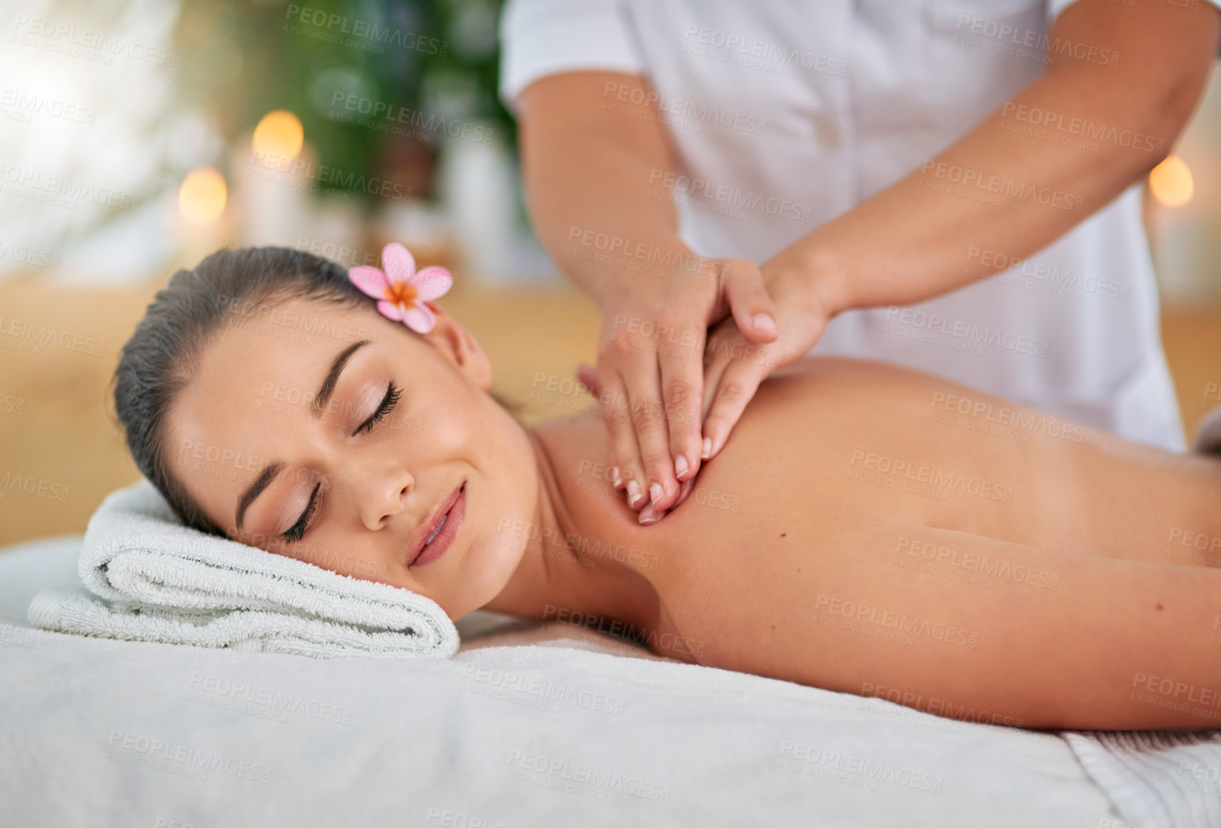 Buy stock photo Face, hands for back massage and woman in spa with masseuse to relax for health, peace or wellness. Beauty, calm or natural treatment with client and therapist in clinic or salon for stress relief