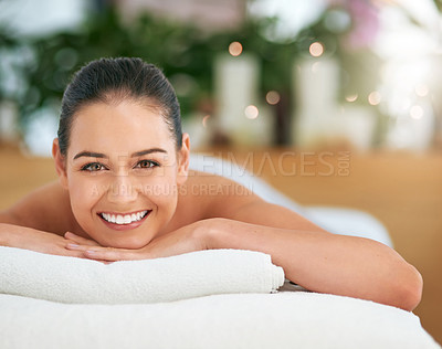 Buy stock photo Massage, portrait and smile with woman in spa with masseuse to relax for health, peace or wellness. Beauty, calm and stress relief with happy client in beauty clinic or salon for natural treatment