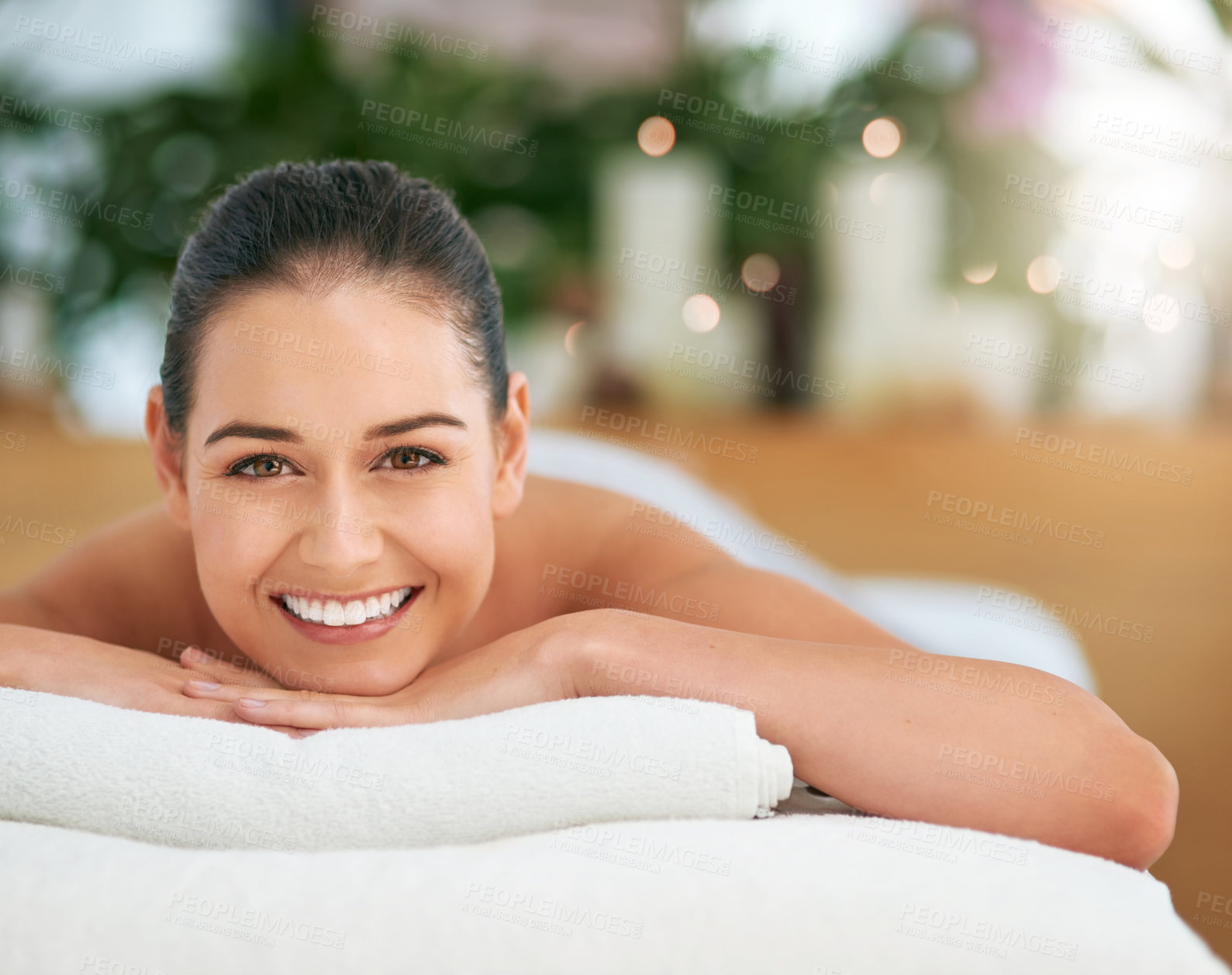 Buy stock photo Massage, portrait and smile with woman in spa with masseuse to relax for health, peace or wellness. Beauty, calm and stress relief with happy client in beauty clinic or salon for natural treatment