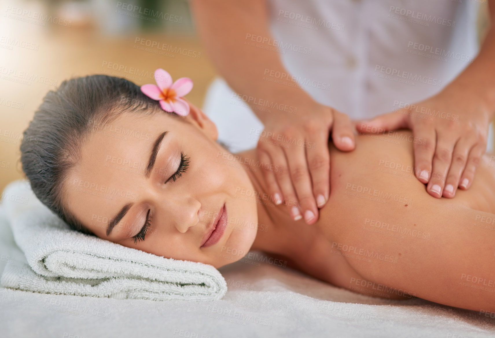 Buy stock photo Hands, massage or therapy and woman in spa with masseuse to relax for health, peace or wellness. Face, calm or stress relief for wellbeing with client and therapist in clinic or salon for treatment