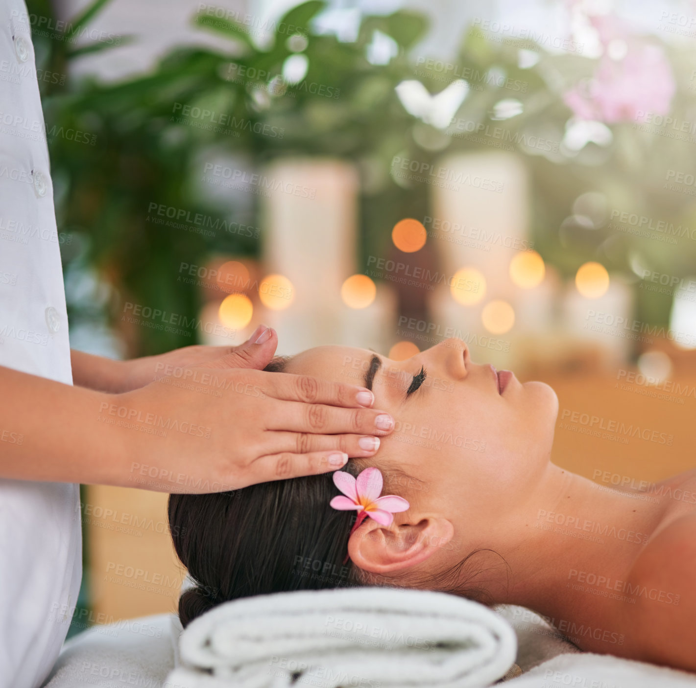 Buy stock photo Face, hands for massage and profile of woman in spa with masseuse to relax for calm, health or wellness. Beauty, peace or stress relief with client and therapist in clinic or salon for treatment