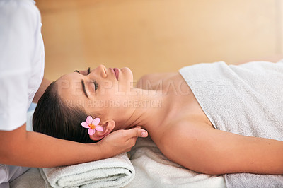 Buy stock photo Cropped shot of an attractive young woman enjoying a beauty treatment at a spa
