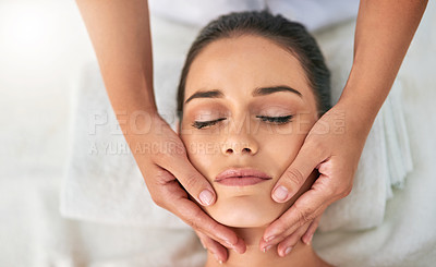 Buy stock photo High angle shot of an attractive young woman enjoying a beauty treatment at a spa