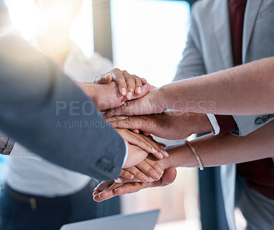 Buy stock photo Business people, project or hands in stack for mission, support or meeting for corporate goals. Closeup, group and partnership with agreement for teamwork, target and staff synergy for motivation