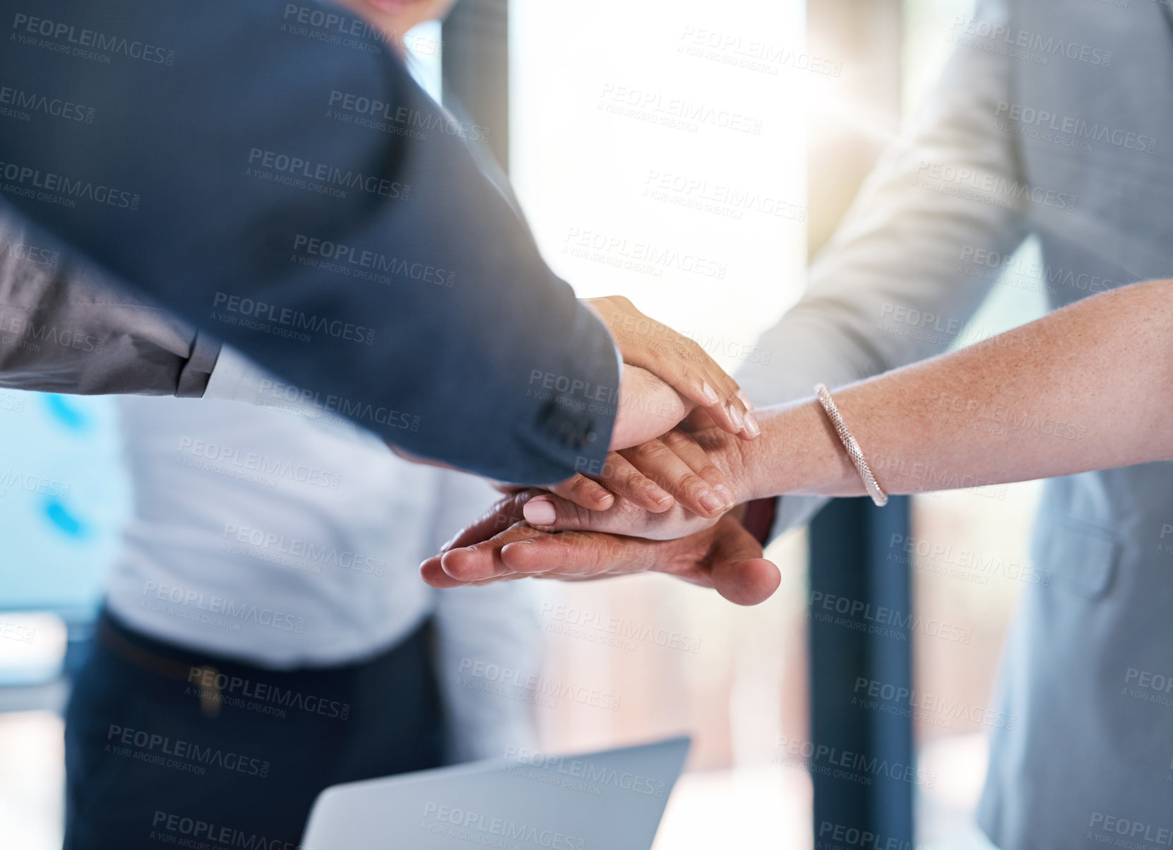 Buy stock photo Business people, closeup or hands in stack for project, support or meeting for corporate goals. Mission, group and partnership with agreement for teamwork, target and staff synergy for motivation