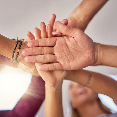 Buy stock photo Hands, below and stack for teamwork support in office, community and solidarity in employees. Palm, pile and collaboration in staff for cooperation, meeting and planning agreement in workflow