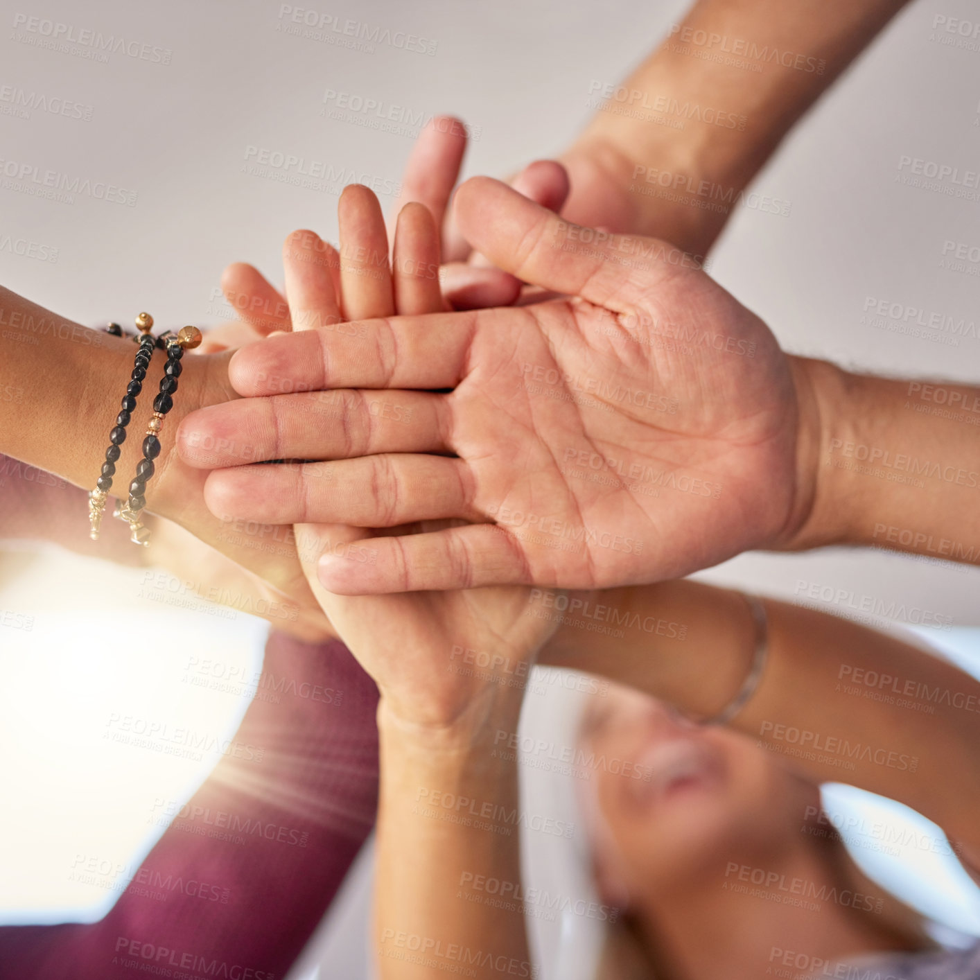 Buy stock photo Hands, below and stack for teamwork support in office, community and solidarity in employees. Palm, pile and collaboration in staff for cooperation, meeting and planning agreement in workflow