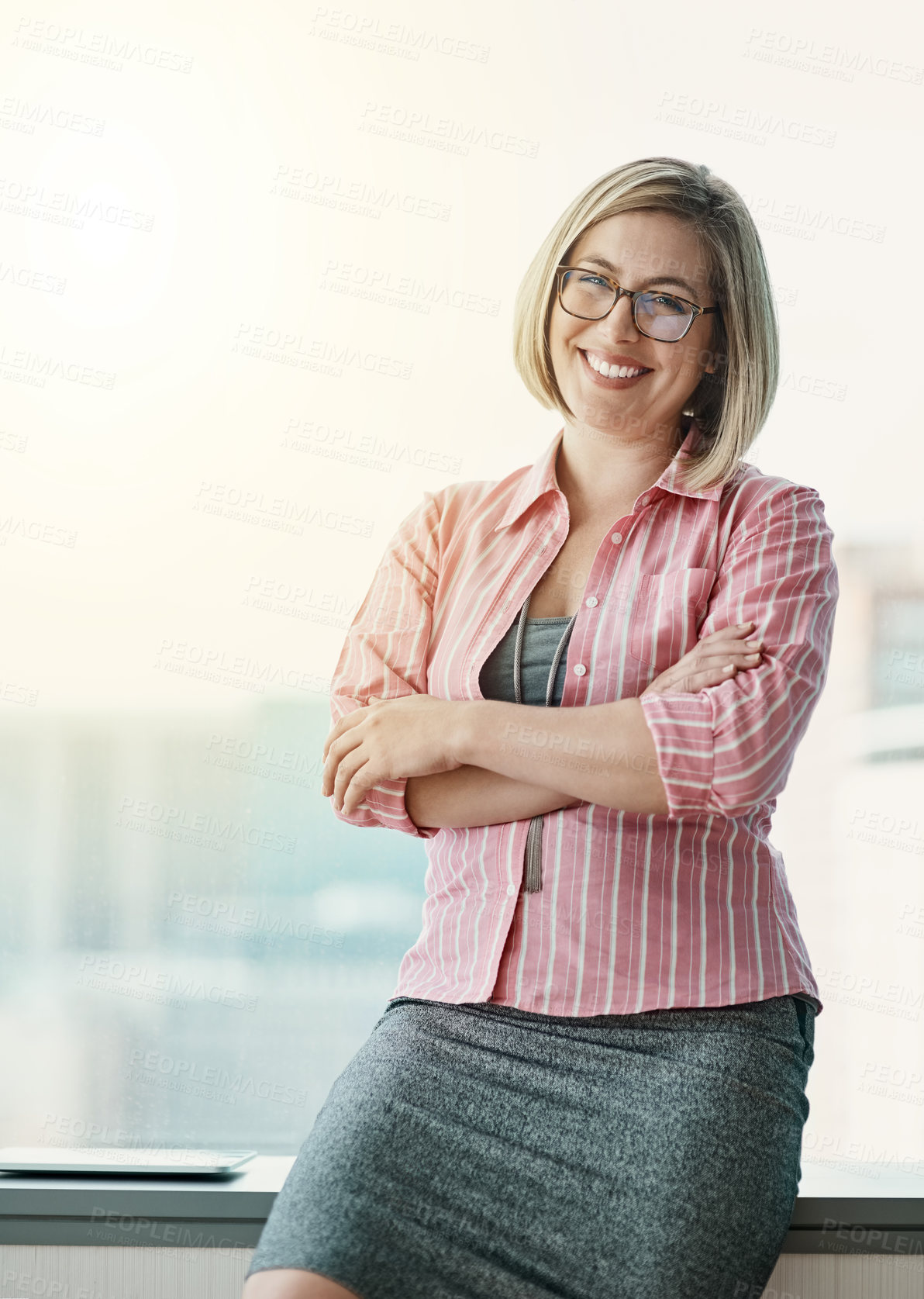 Buy stock photo Businesswoman, workplace and portrait in glasses for career confidence, secretary and corporate company. Female receptionist, professional or pride for job with office administration and arms crossed