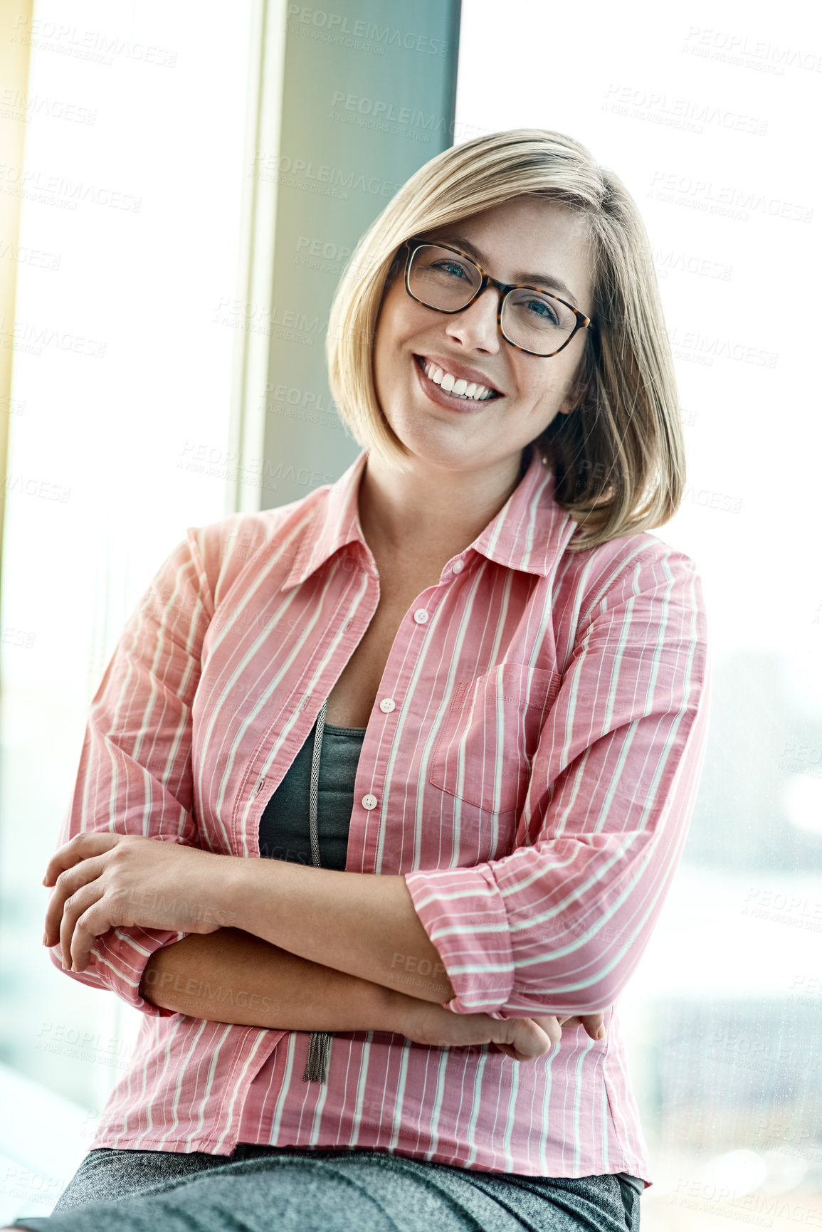 Buy stock photo Businesswoman, office and portrait with glasses for job confidence, secretary for corporate company. Female receptionist, wellness or pride for career with workplace administration, employee or happy