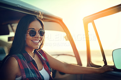 Buy stock photo Road trip, happy and woman with break in portrait for outdoor adventure, sunset and travel. Summer, holiday and person with sunglasses by car door for sightseeing, vacation and tourism in Australia