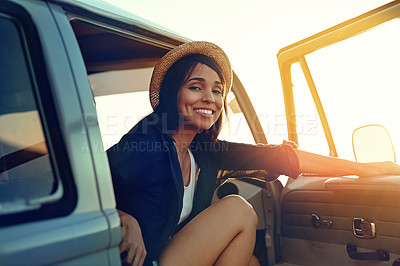 Buy stock photo Road trip, relax and portrait of woman with break for outdoor summer adventure, sunset and travel. Happy, holiday and person with hat by car door for sightseeing, vacation and tourism in Australia