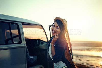 Buy stock photo Shot of a young woman enjoying a relaxing roadtrip