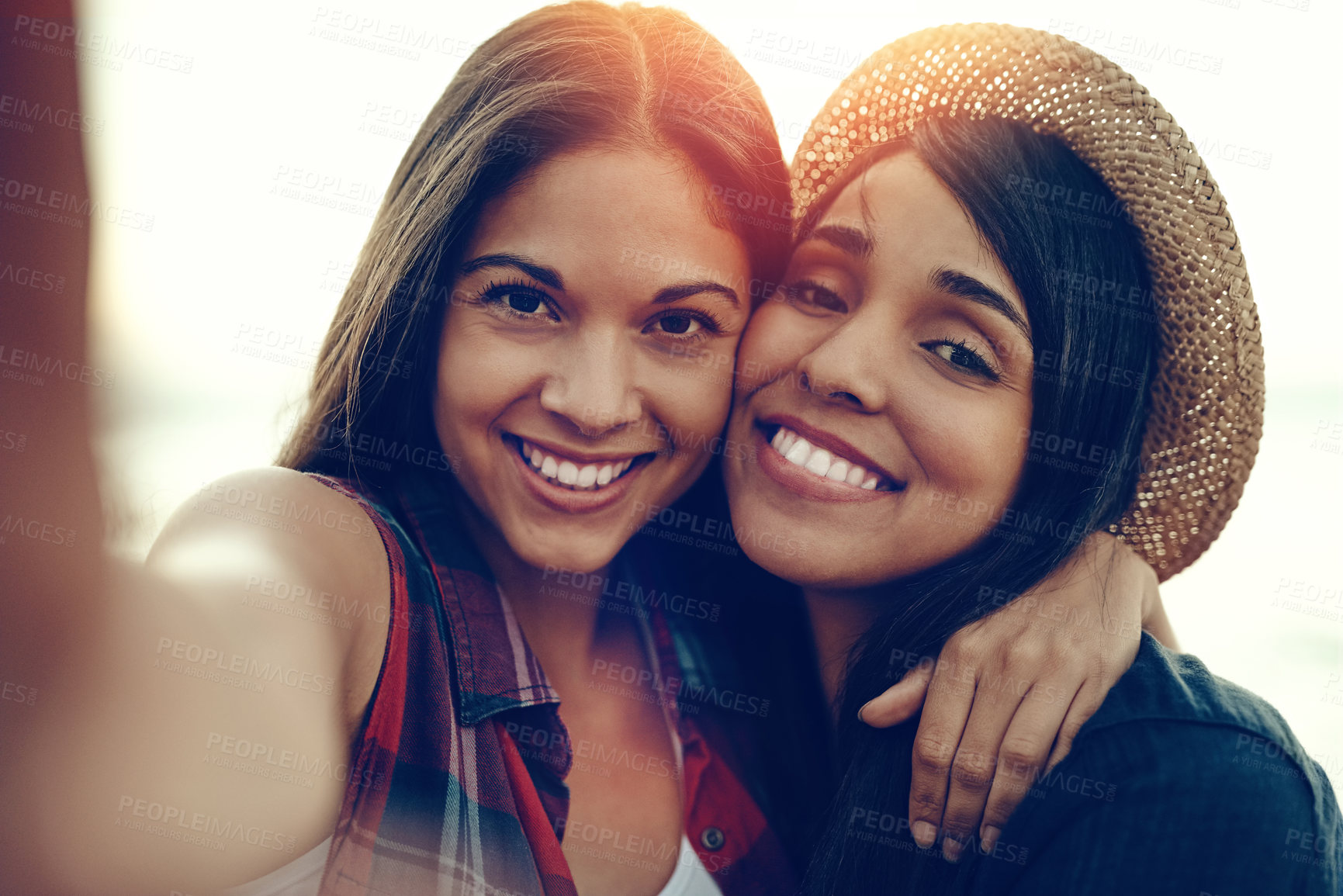 Buy stock photo Selfie, beach and portrait of women for holiday, summer vacation and bonding on weekend. Travel, happy and face of people by ocean for adventure, fun and take photo for social media, memory and post