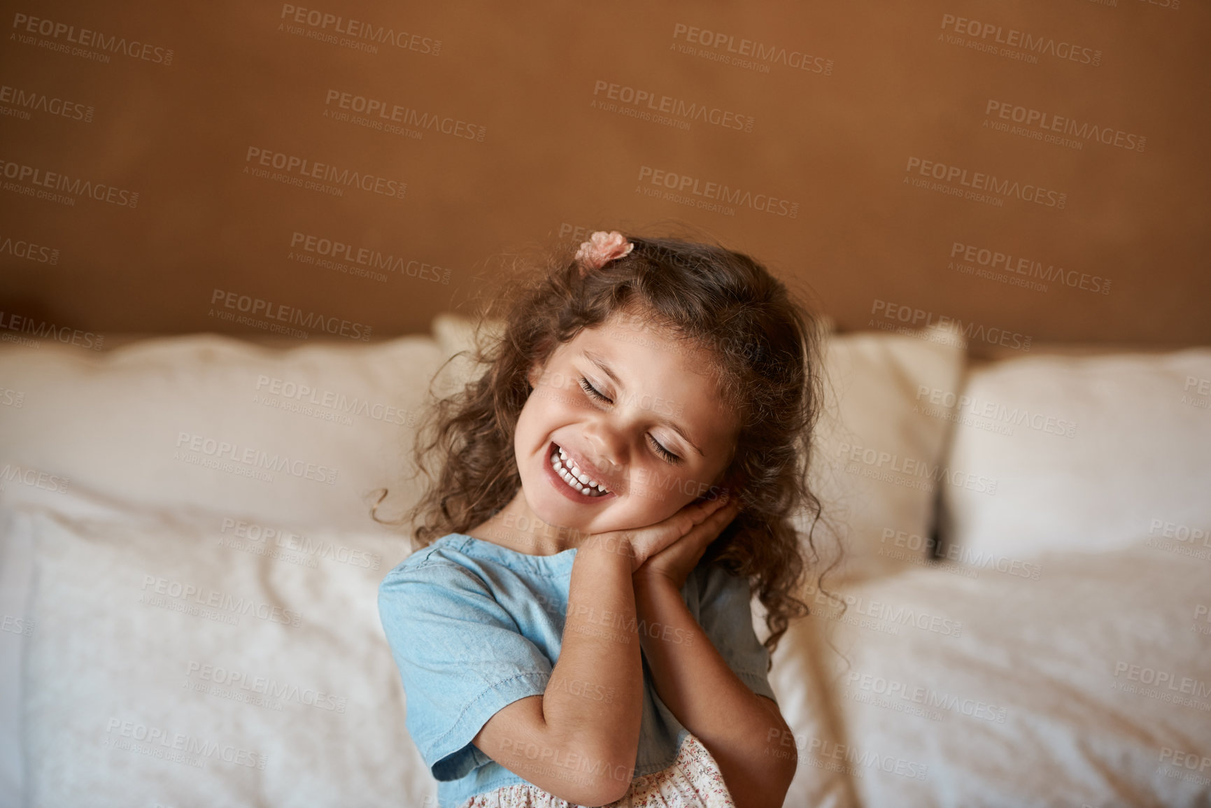 Buy stock photo Girl, child and eyes closed with play in bedroom with sign for sleep, comic game and smile in family house. Kid, happy and excited on bed for funny memory in morning at apartment in New Zealand