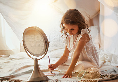 Buy stock photo Mirror, makeup and child learning in home for self care morning routine with cosmetics. Beauty, brush and girl kid with facial cosmetology for playing, growth and fantasy in bedroom at house.
