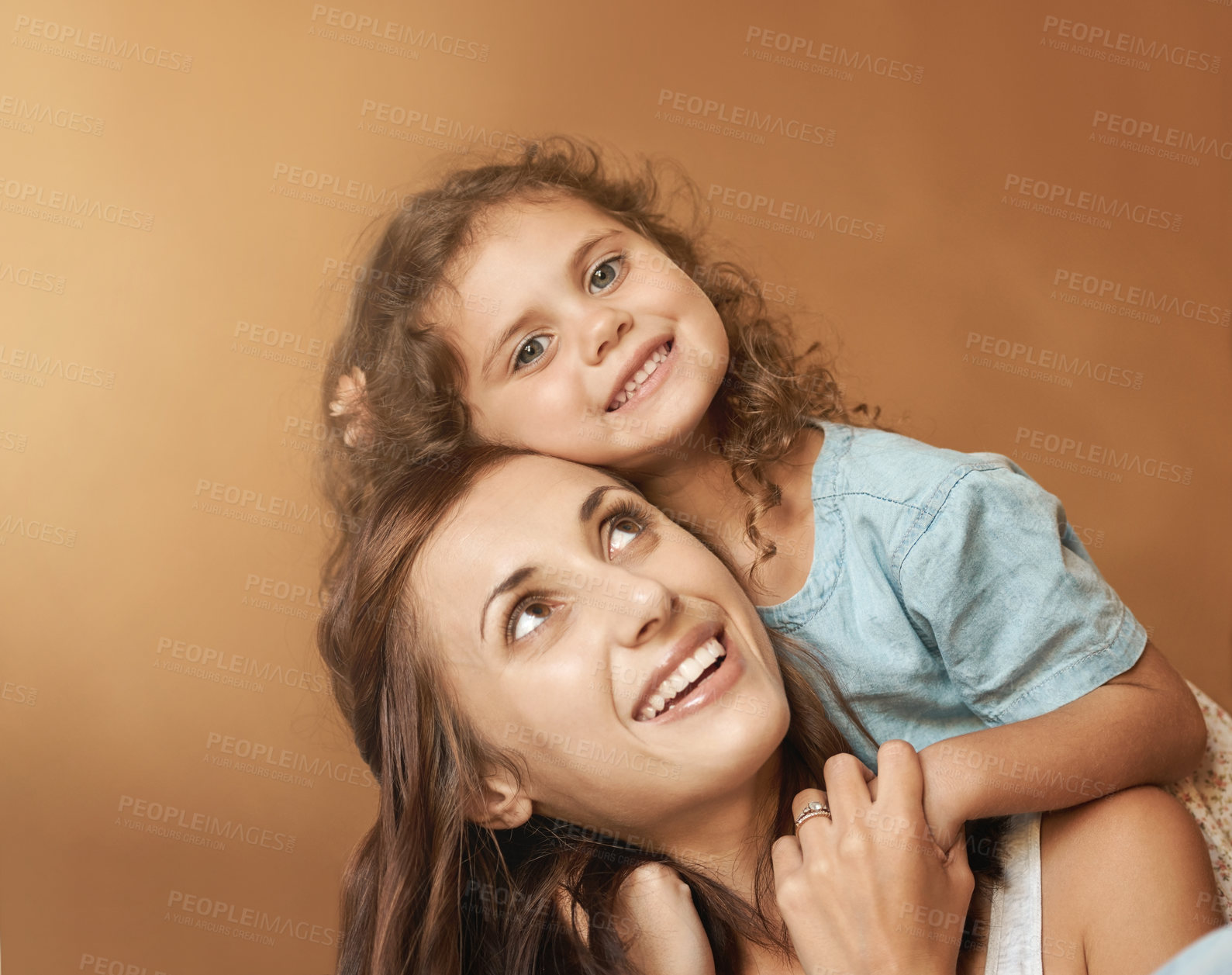 Buy stock photo Piggy back, happy and mom with child in home for bonding, loving relationship and relax. Family, parenting and portrait of mother with girl for hug, affection and embrace for love, support and trust