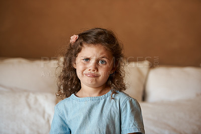 Buy stock photo Home, portrait and kid with silly face in bedroom for playful humor, joke and funny expression. Cute, confused and little girl with emoji in house for childhood comedy, goofy and puzzled on weekend