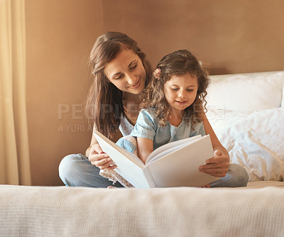 Buy stock photo Mom, book and child reading on bed at family home with learning, storytelling and love in the morning. Development, education and youth fairytale with language and literature in bedroom with girl