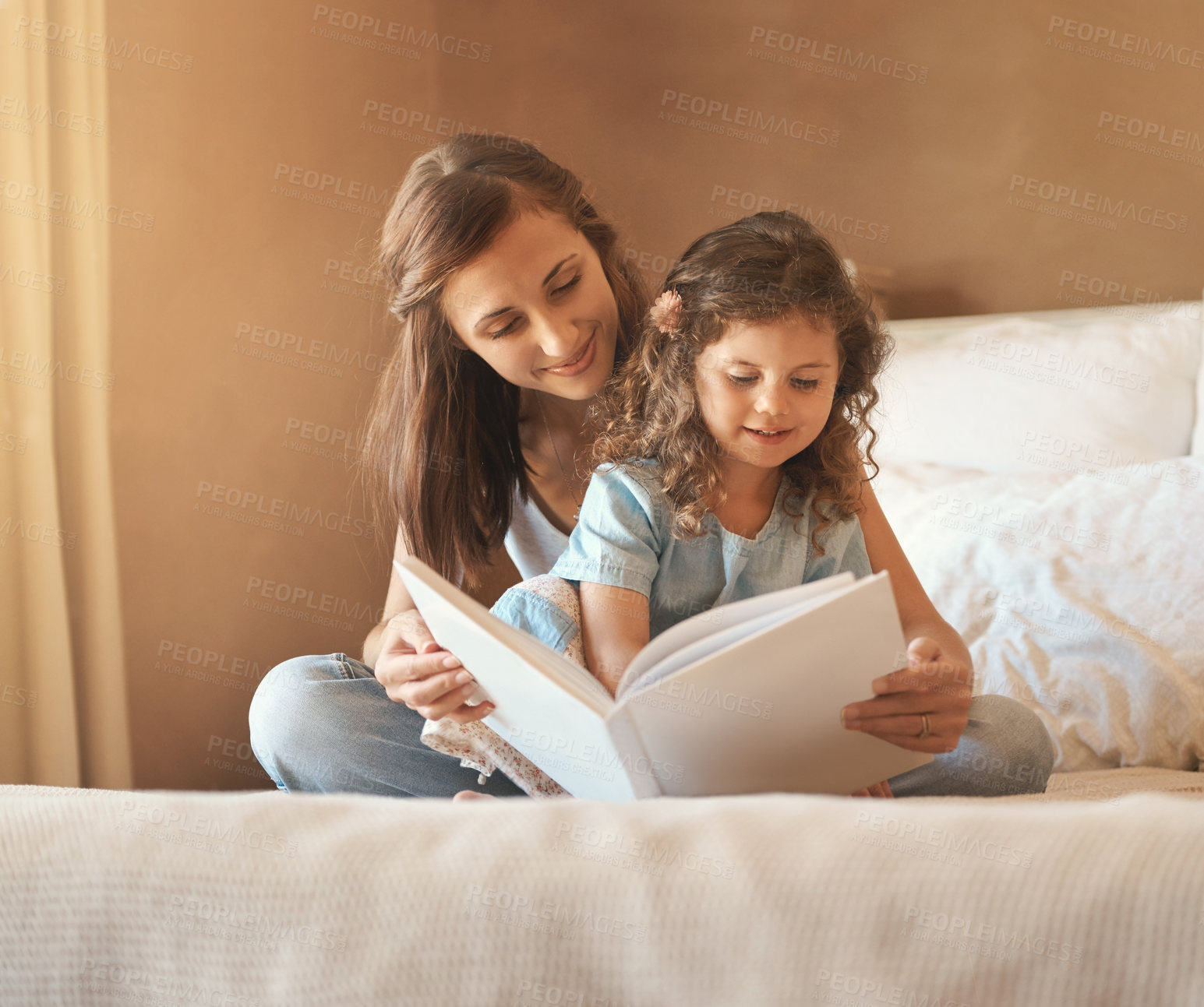 Buy stock photo Mom, book and child reading on bed at family home with learning, storytelling and love in the morning. Development, education and youth fairytale with language and literature in bedroom with girl