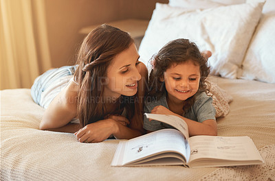 Buy stock photo Bed, reading and mom and kid with book for story time, child development and learning. Education, family home and mother and young girl with novel for fantasy, storytelling and literature for bonding