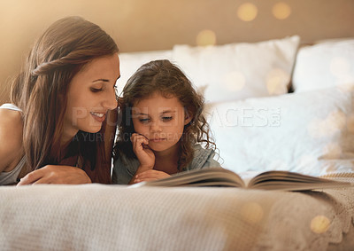 Buy stock photo Bedroom, reading and mom and child with book for story time, education and learning. Home, family and mother and young girl relax with novel for fantasy, storytelling and literature for bonding