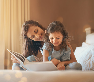 Buy stock photo Bedroom, reading and mom with girl, book and story time with child development and learning. Education, family and mother for young kid with novel for fantasy, storytelling and literature for bonding