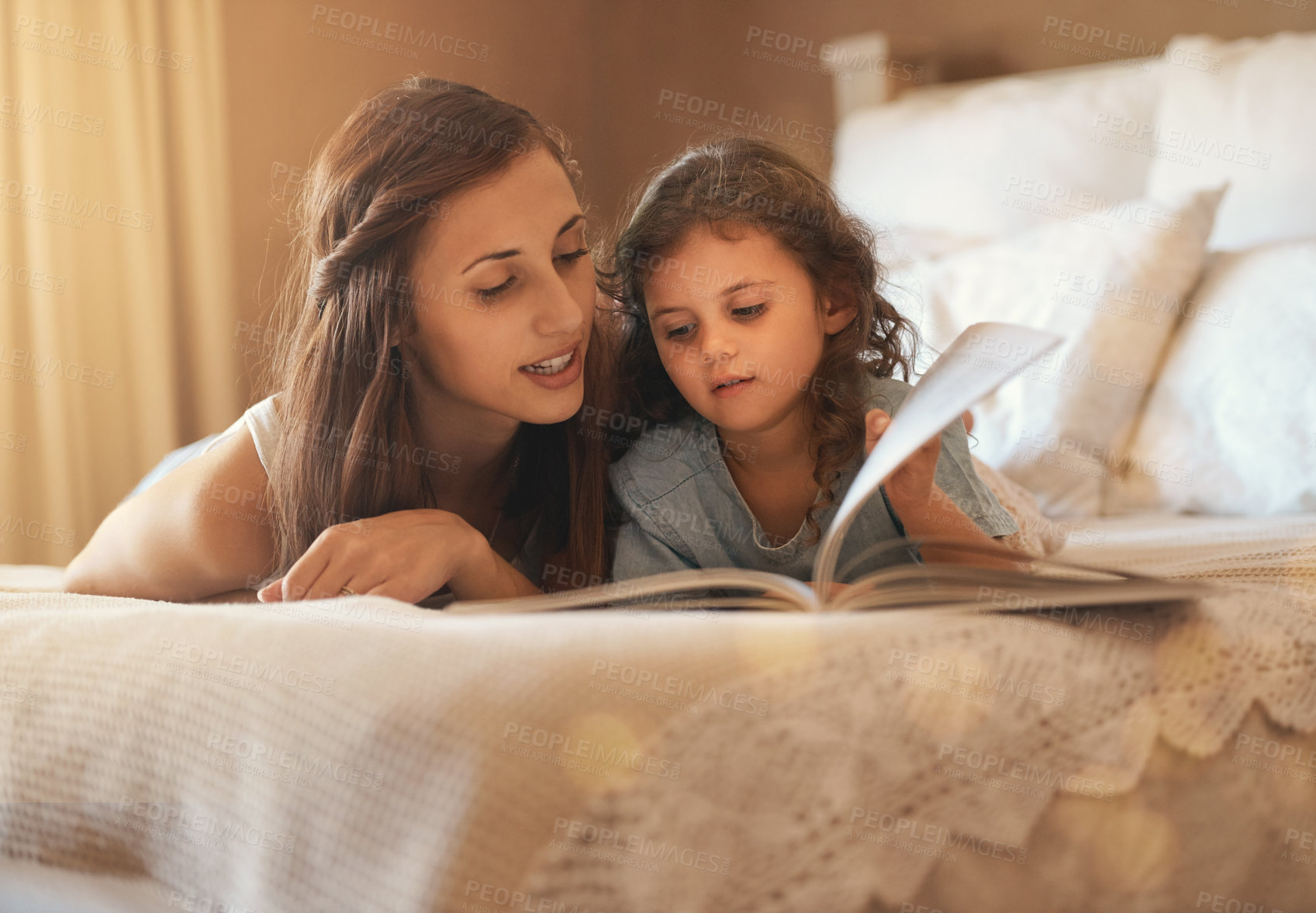 Buy stock photo Home, reading and mom and child with book for story time, education and learning in bedroom. Relax, family and mother and young girl with novel for fantasy, storytelling and literature for bonding