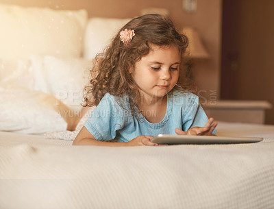 Buy stock photo Home, internet and kid with tablet on bed for brain development, fun and online educational video. Relax, child and girl with tech in house for cognitive learning, growth and sensory entertainment