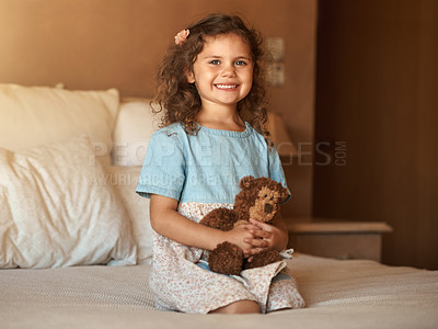 Buy stock photo Girl, bear and child in portrait on bed with smile, relax and playful with toys in morning at family home. Kid, happy and plushy animal in bedroom for games, fantasy and excited at house in Australia