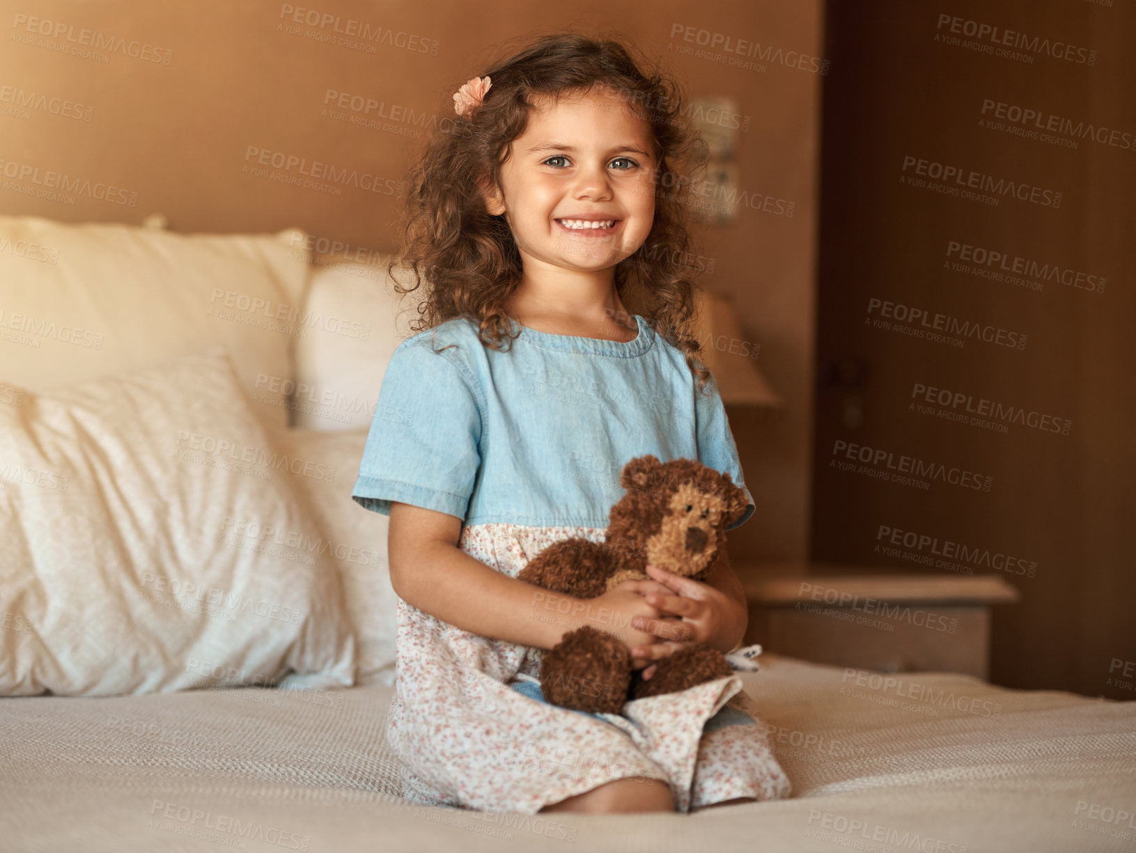 Buy stock photo Girl, bear and child in portrait on bed with smile, relax and playful with toys in morning at family home. Kid, happy and plushy animal in bedroom for games, fantasy and excited at house in Australia