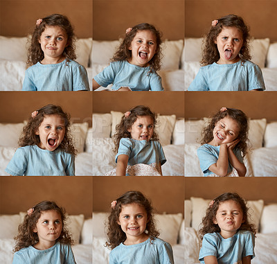 Buy stock photo Shots of an adorable little girl at home on her bed pulling various funny facial expressions