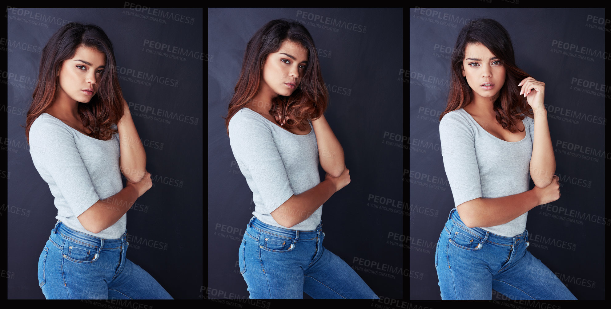 Buy stock photo Composite shot of a beautiful young woman posing in the studio