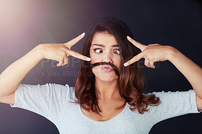 Buy stock photo Woman, hair and mustache on studio background for cosmetics, crazy and comedy or textures. Female person, peace sign and emoji for haircare, keratin treatment and cross eyes for dermatology curls