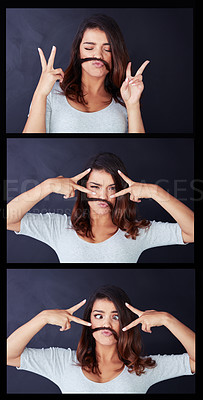 Buy stock photo Woman, hair and mustache on studio background in montage, funny face and comedy or textures. Female person, peace sign and emoji for haircare, keratin treatment and composite for silly dermatology