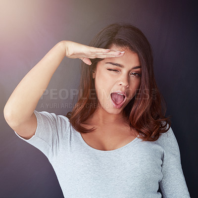 Buy stock photo Salute, studio and woman with smile, portrait and greeting with respect, wink and confidence for gesture. Black background, pride and hand for hello and happy person in USA, welcome and silly