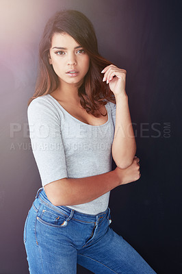 Buy stock photo Portrait, fashion and young woman with gen z, jean and student style in studio with confidence. Modern, casual and comfortable outfit with teen from Italy with minimalist clothes and wall background 