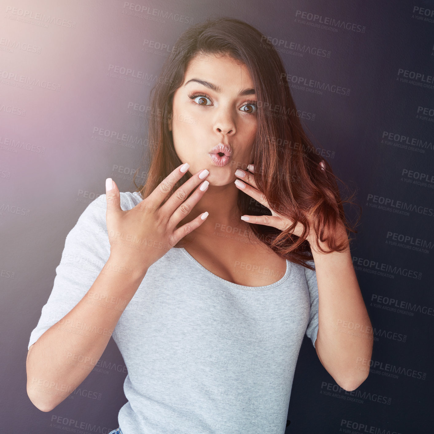 Buy stock photo Woman, hands and portrait with surprise in studio for gossip drama, fake info and news announcement. Girl face, shock and omg emoji for secret story, discount offer and sale alert by dark background