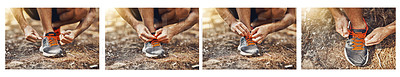 Buy stock photo Composite shot of a young person tying their shoelaces step by step outdoors before a workout
