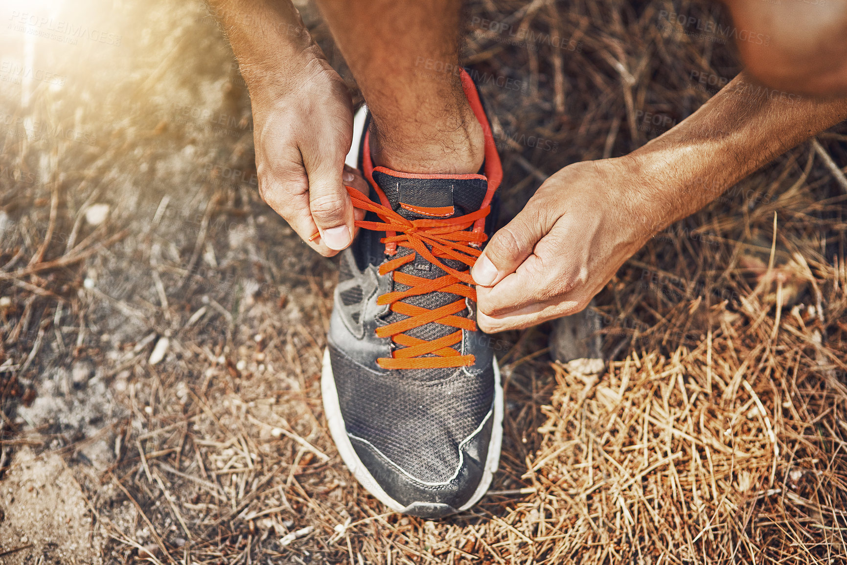 Buy stock photo Man, hands and tying laces with shoes in woods for workout, hiking or outdoor exercise. Closeup of male person or feet in preparation or getting ready for trekking, training or running in nature