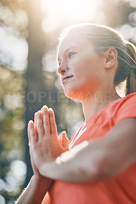 Buy stock photo Hands, yoga and meditation with woman, praying with fitness outdoor and wellness, spiritual and low angle. Sunshine, female person meditate and zen with exercise, healing and mindfulness with prayer