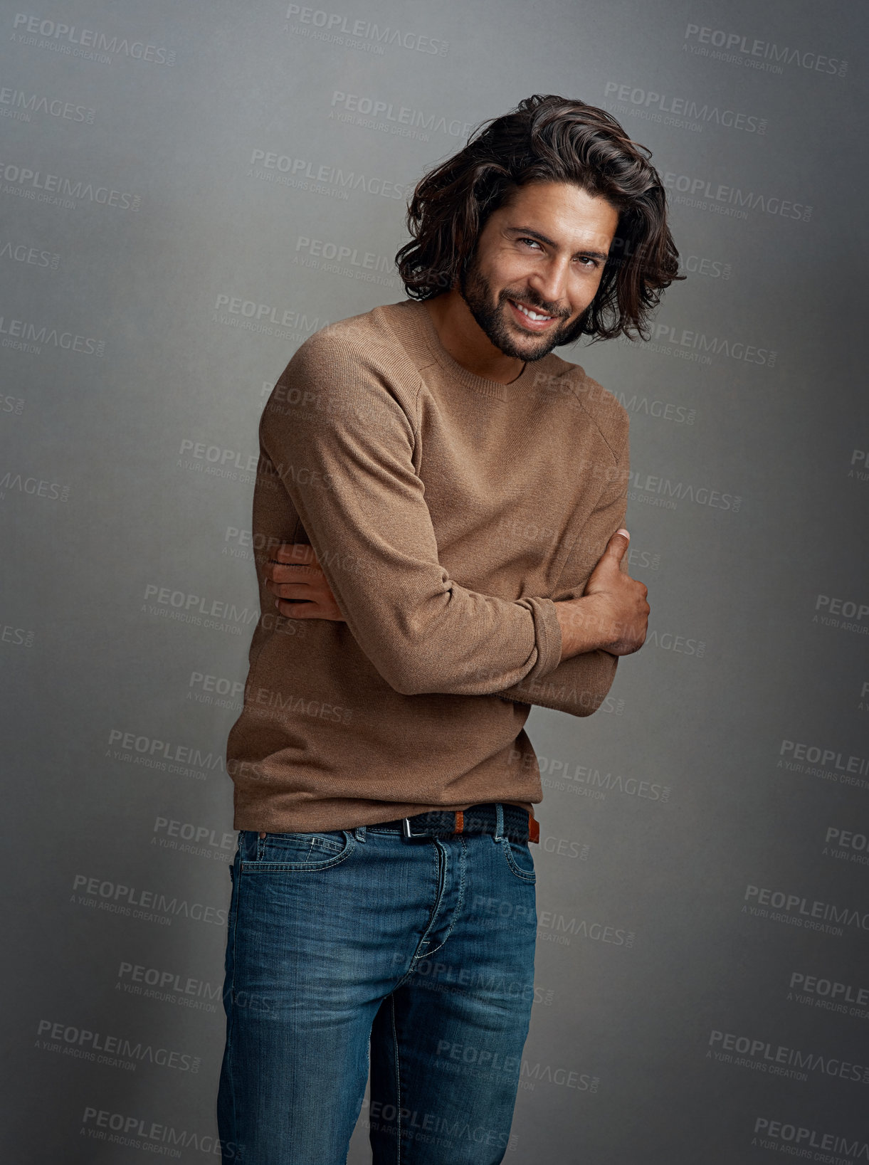 Buy stock photo Fashion, smile and portrait of man in studio with crossed arms for stylish, elegant and winter outfit. Happy, confidence and model from Australia with cool designer sweater clothes by gray background