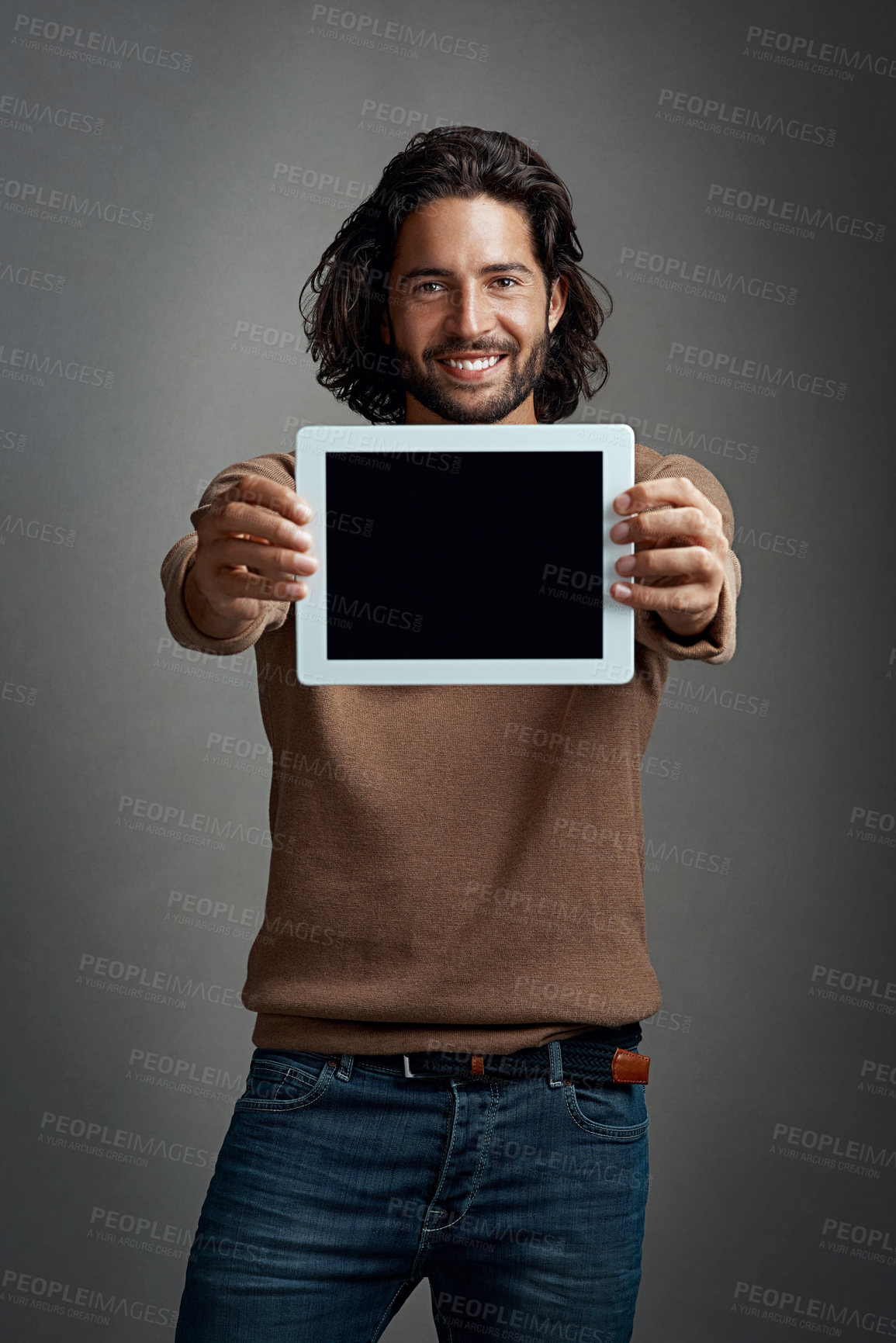 Buy stock photo Portrait, tablet screen and happy man with mockup in studio isolated on a gray background. Touchscreen, face and male person with marketing, advertising and technology for commercial promotion space.