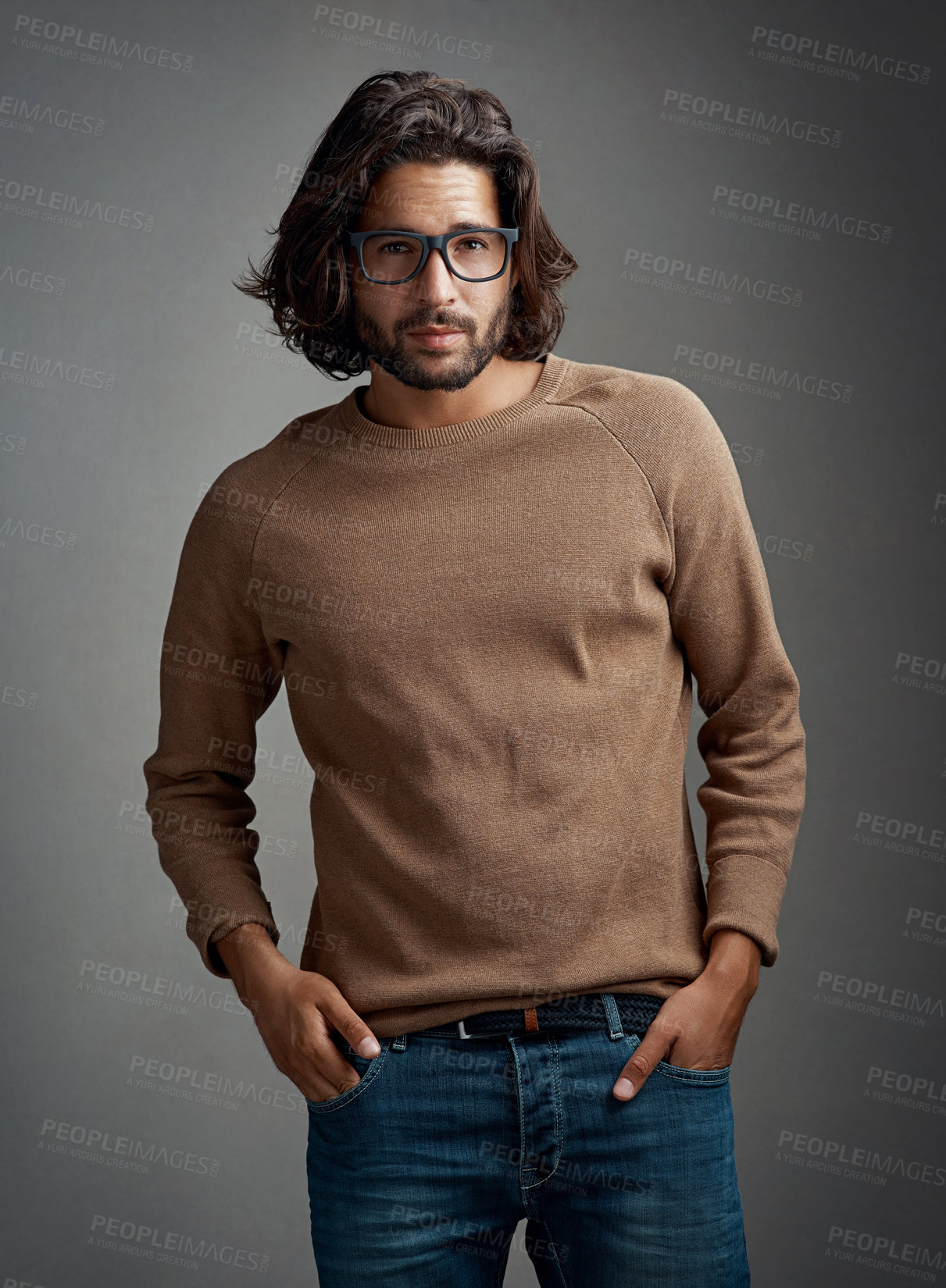 Buy stock photo Confident, man and portrait in studio for fashion, trendy style and glasses on dark background. Male designer, thinking or new frames for vision with brand clothing, aesthetic or artistic inspiration