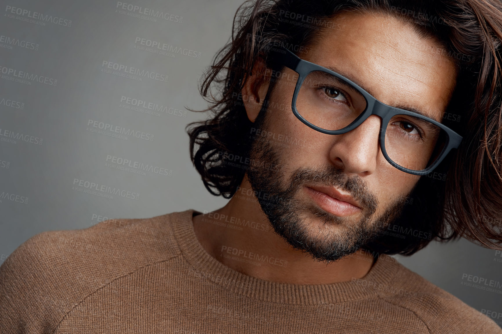 Buy stock photo Designer, fashion or portrait of man with glasses, vision or clear sight on grey background in studio. Prescription eyewear, face and confident male mode with style, health or cool spectacle frame