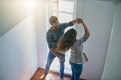 Buy stock photo Love, couple and dance in home, top view and having fun together for romance. Dancing, happy and man and woman, bonding and affection, freedom and enjoying quality time on anniversary mockup in house