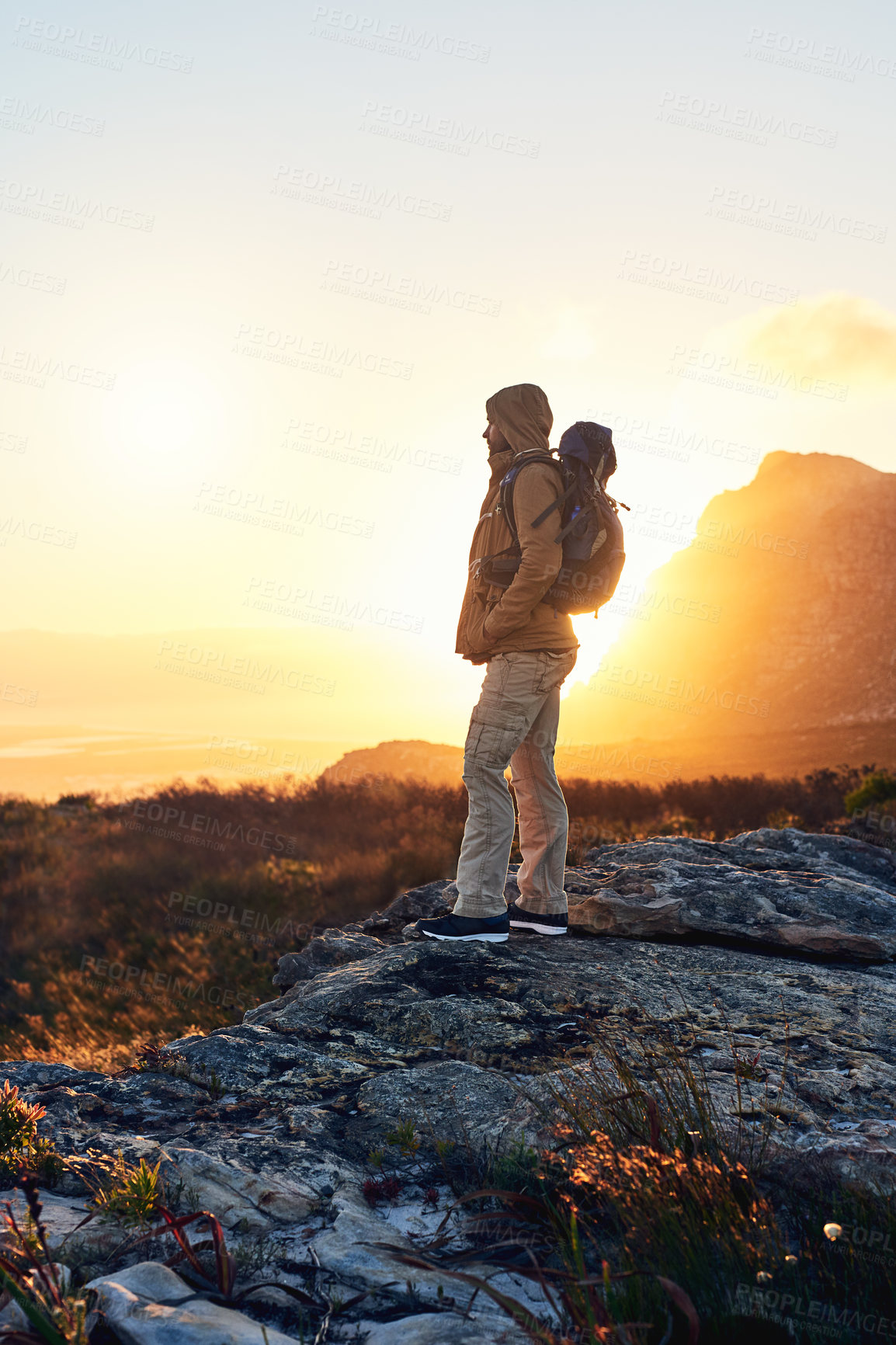 Buy stock photo Hiking, view and mountain with person, travel and wellness with adventure, backpack and fitness. Hiker, outdoor and thinking with holiday, stress relief and journey for balance, morning and nature