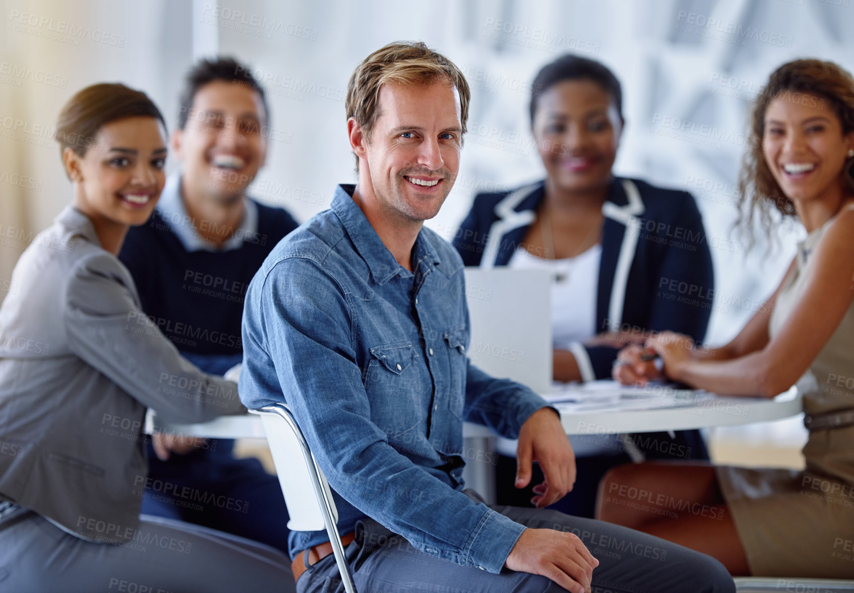 Buy stock photo Business people, meeting and teamwork in portrait for company report and sales review in office. Happy, corporate group and documents at table in conference room for team performance and cooperation