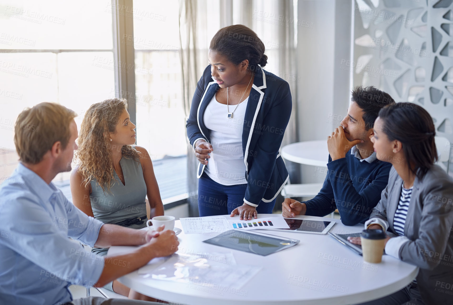 Buy stock photo Business people, meeting or discussion with question for planning, collaboration and documents at table. Employees, men and women at corporate workplace with communication and brainstorming with idea