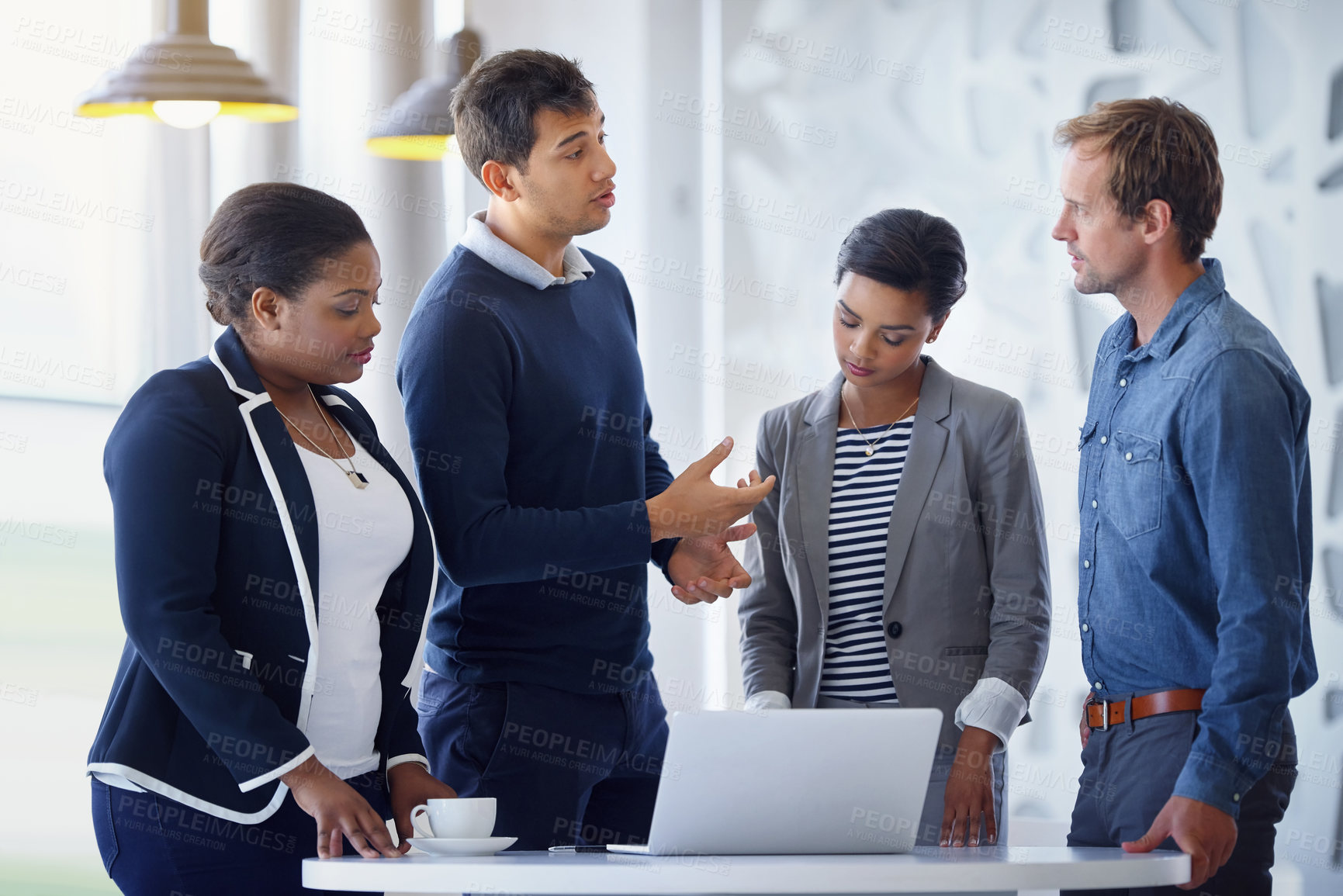 Buy stock photo Business people, diversity or laptop in meeting for discussion, planning budget or research. Teamwork, investor or technology for online growth for NPO startup project capital or development